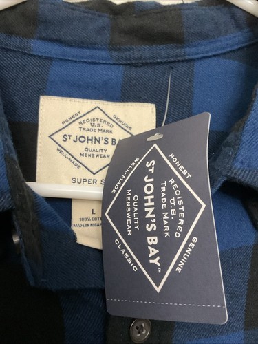 St Johns Bay Men's Large Blue Black Flannel Super Soft Buffalo Plaid Shirt New - Picture 5 of 15