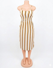 waist White Brown Black Striped Sundress Square Neck Strappy Midi XS