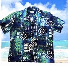 Vintage Sears Hawaiian Floral Shirt Cotton Barkcloth Loop Collar Mens Large Blue