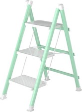New 3 Step Ladder, Folding Step Stool with Anti-Slip Wide Pedal, Green White