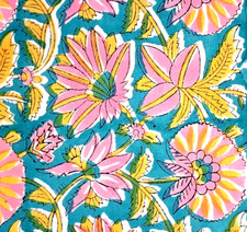 Green Pink Block Print Fabric By the Yard Floral Indian Fabric for Sewing