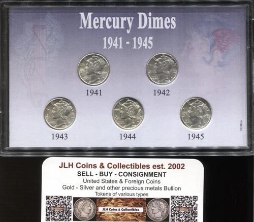 1941 - 1945 Mercury Dimes - All 5 are Brilliant AU - Encased - Lot # BC 1400