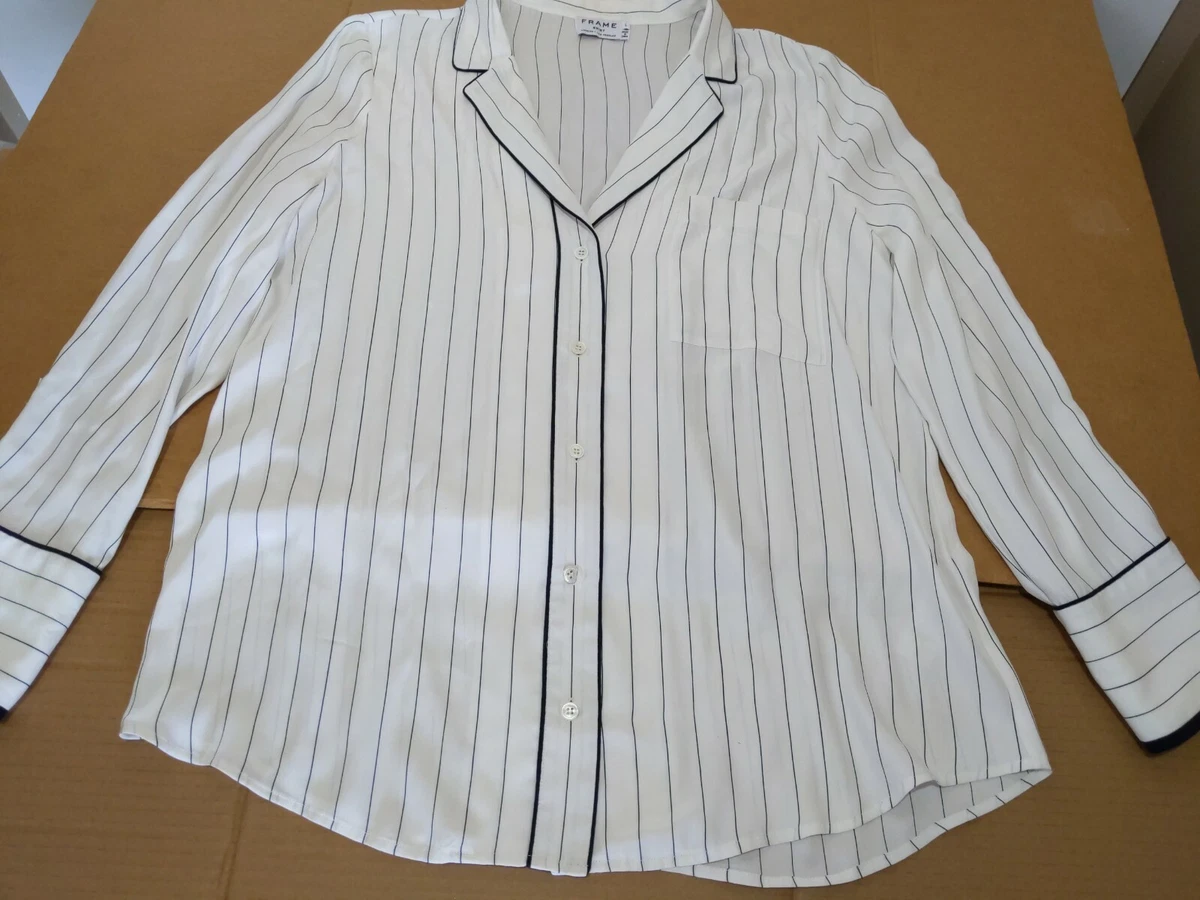 Frame Pajama PJ Shirt White Navy Pinstripe Silk Size Large Long Sleeve Blouse