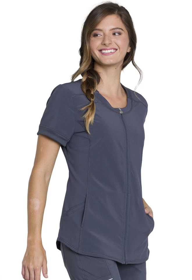 Cherokee Scrubs Zip Front V Neck Top CK810A PWPS Pewter Free Shipping - Image 4 of 4