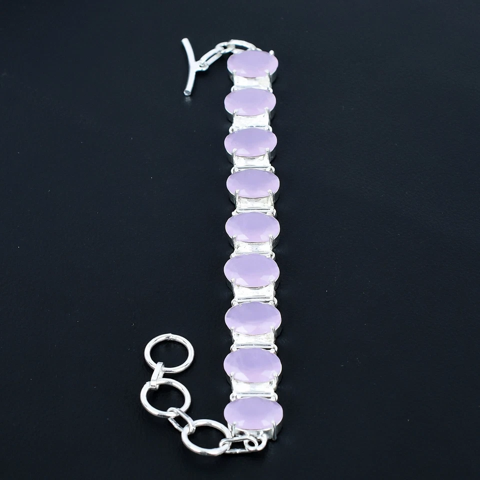 Bracciale In Pietra Di Calcedonio Rosa In Argento Sterling 925 Fatto A Mano - Immagine 2 di 4