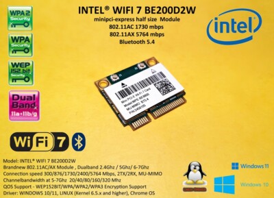 WIFI 7 Mpcie Minipci-express Intel BE200D2W 802.11BE Wlan+Bluetooth 5.4 BE5800