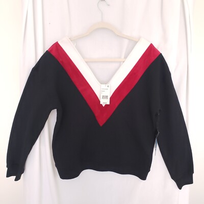 Kendall and Kylie Red White and Black V Neck Colorblock  Sweater Size S