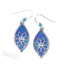 Adajio Earrings Blue Leaf Drop with Shiny Silver Flower Overlay US Handmade 8064