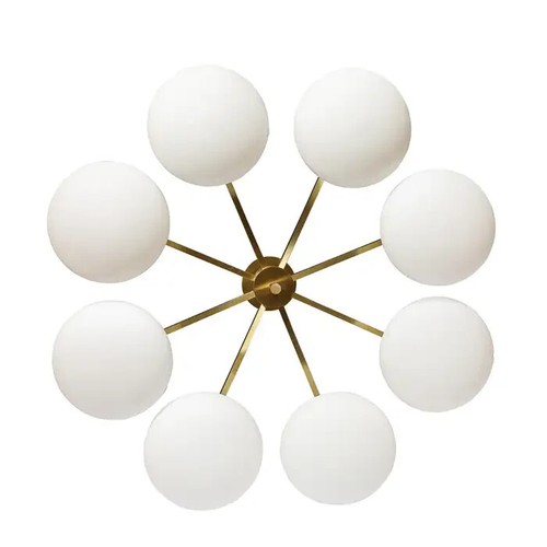 Modernist Brass and Frosted Glass 8-Arm Globe Chandelier, Manner of Arredoluce - Picture 3 of 9