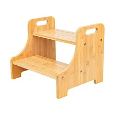 Bamboo Wooden Step Stool Shelf Footstool Adults & Kids For Bathroom Kitchen Bed