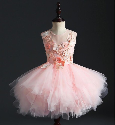Girl Wedding Party Flower Dresses Pink Tulle Trailing Princess Gown Beaded Gown - Picture 8 of 21