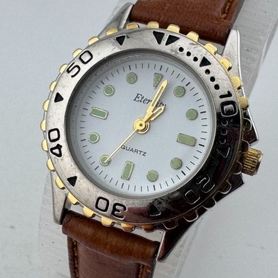 Vintage Eternity Quartz Watch Women Dual Tone Leather Fixed Bezel New Battery