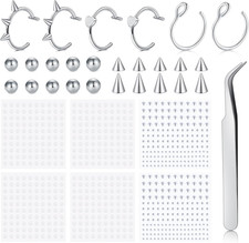 Fake Lip Ring and Nose Piercing Set - Ball Spike, Hoop, Stud, Stick-on Bridge an