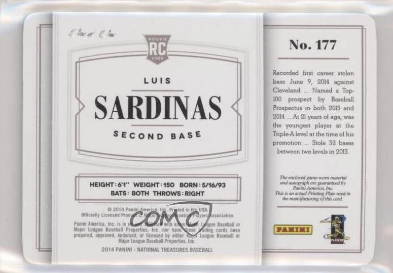 2014 Panini National Treasures 1/1 Luis Sardinas #177 Rookie Auto RC 03hd - Image 2 of 3
