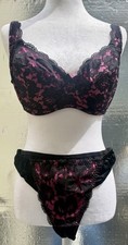 NEW Frederick's Of Hollywood Hot Pink  Black Lace Bra 38D Padded-Panty XL Set