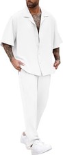 LecGee Men Summer Casual Short Sleeve Pant Sets Solid Button Medium, White