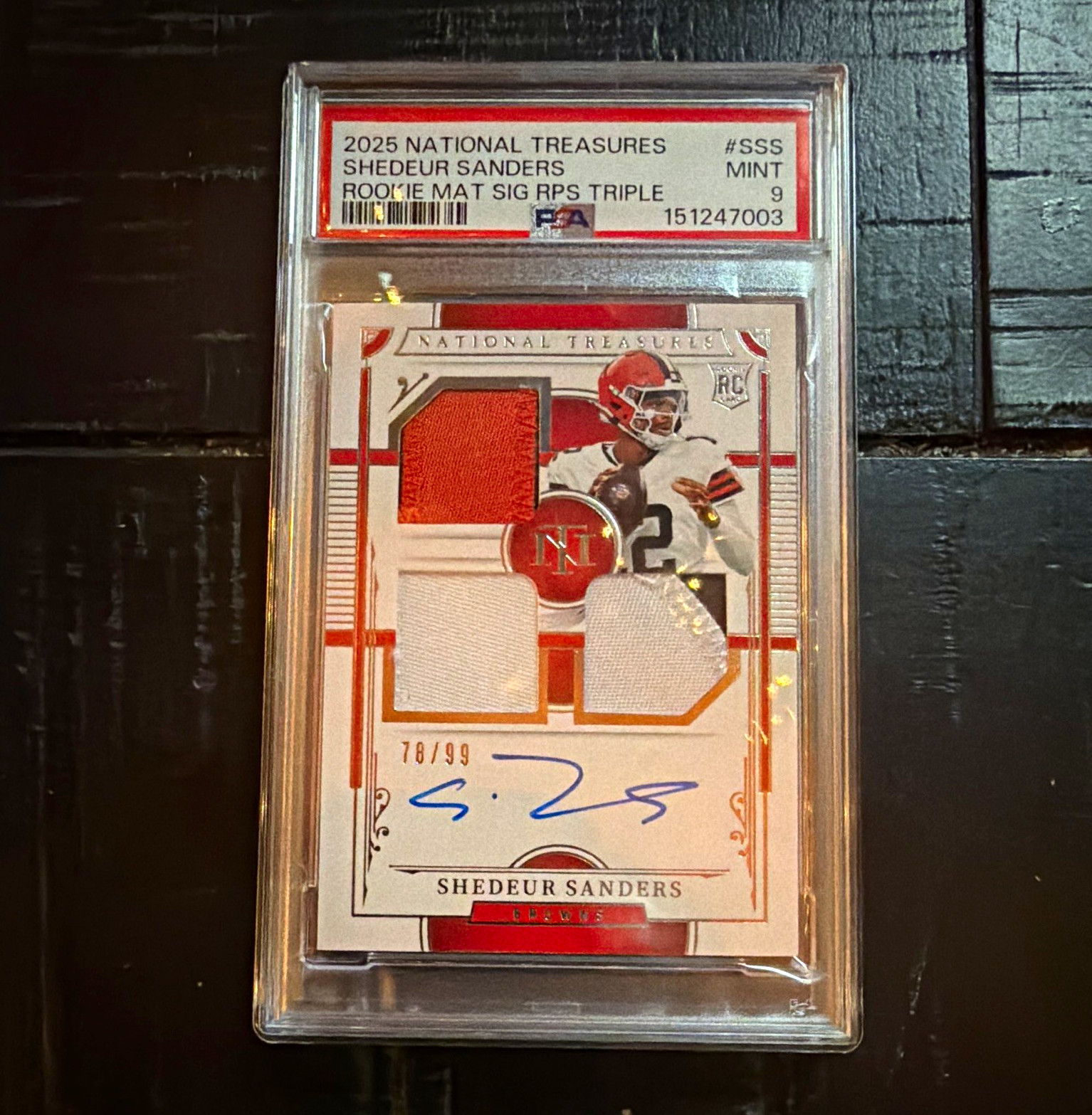 2025 Panini National Treasures Shedeur Sanders RMS-SSS RC Auto Mem /99 PSA 9 view 1