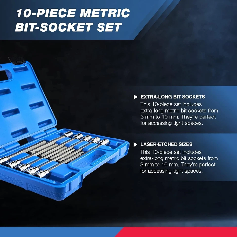 10077A 3/8” Drive Metric Extra Long Allen Hex Bit Socket Set | 10 Pieces | Si... - Image 3 of 4