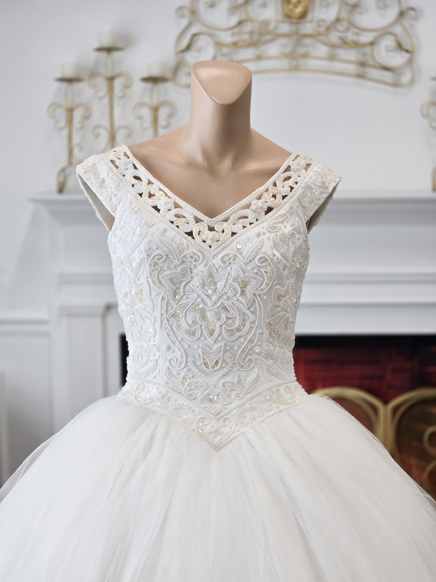 Forever Yours Vintage 90s Y2K White Pearl Tulle Quince Wedding Dress sz 10 Forever Yours Vintage 90s Y2K White Pearl Tulle Quince Wedding Dress sz 10