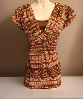 New Y2K MKM Designs Womens Layer Top Sheer Orange Brown Aztec Short Sleeve XL 