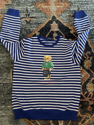 Polo Ralph Lauren Men’s Polo Bear Striped Fleece Crewneck Pullover L Blue