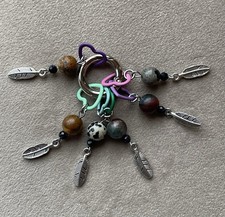 BEADED STITCH MARKERS Mixed Gemstone Beads Feather Charm For Knitting Set Of 6