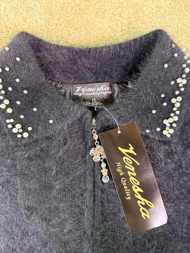 Venesha Alta Calidad Angora Suéter Chaqueta Cárdigan Cremallera Negro Talla Mediana E601 Foto 3 de 4