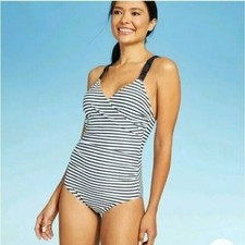 Kona Sol Swimsuit Women's Blue White Striped One Piece Macrame Back Padded S