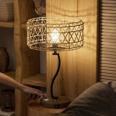 Antique Table Lamp Dimmable Touch Control Bedside Desk Lamp with Rattan Shade US