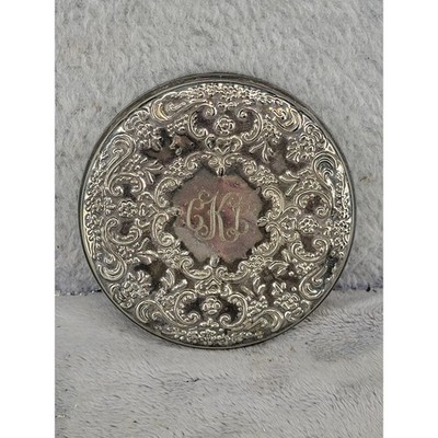 Vintage Ornate Monogrammed K Compact Mirror Vanity Case Silver Tone Floral