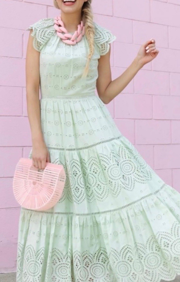 ANTONIO MELANI Mint Green Eyelet Lace 100%Cotton Layered Flutter SS Midi  Dress L | eBay
