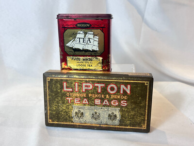 Vtg Lipton Tea Bags & Bigelow Trade Winds Tea Hinged Top Litho Tin Lot Of 2