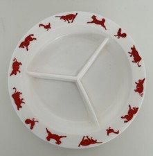 Hazel Atlas Children s Milk Glass Divided Kids Plate Red Farm Animal Border Rare