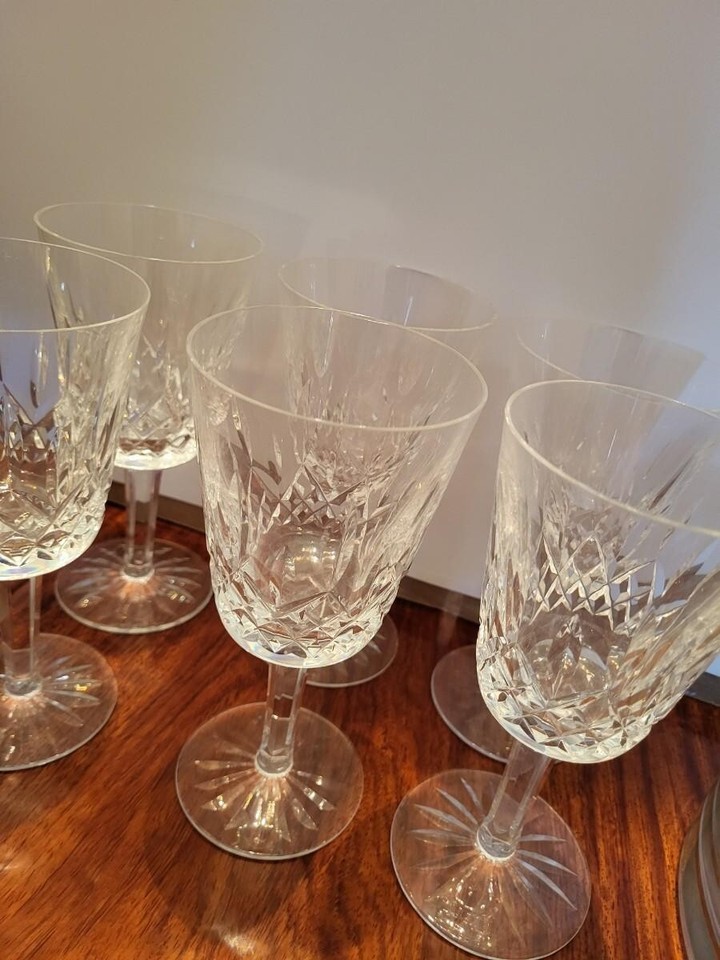 SET 6 Vintage WATERFORD CRYSTAL "LISMORE" Cut Glass 6 7/8" Water Wine