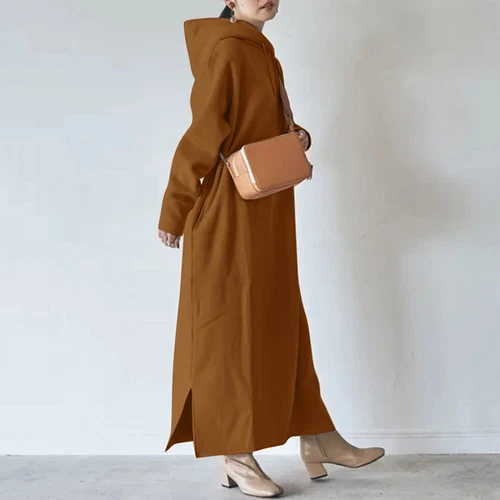 Womens Long Sleeve Fleece Hooded Sweatshirt Maxi Dress Loose Solid Hoodie Dress - Picture 9 of 21