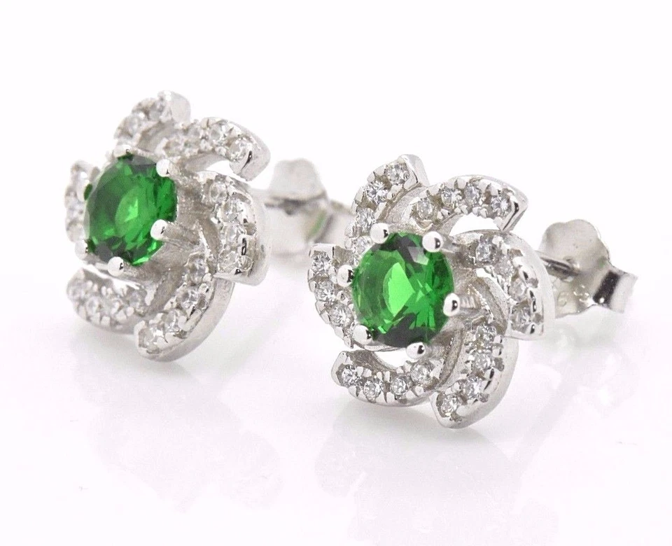 925 Sterling Silver Flower Simulated Green Emerald Halo Pave Post Stud Earrings - Image 3 of 4