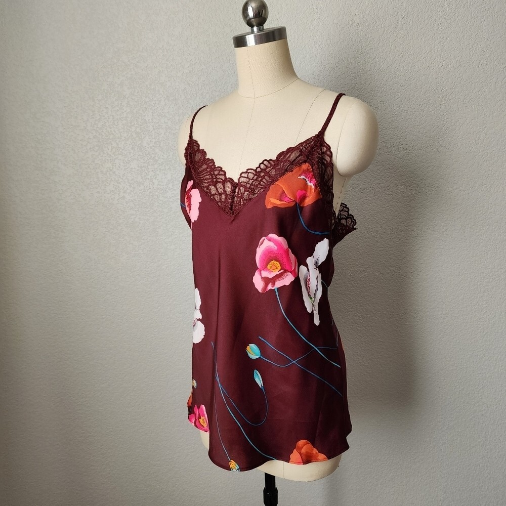 JOSIE NATORI Floral Print Silky charmeuse slip camisole top in wine size M