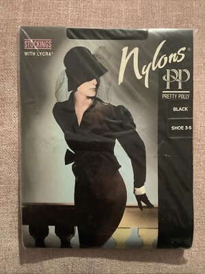 Seltene Vintage Pretty Polly Nylons Lycra Glamour Strümpfe schwarz