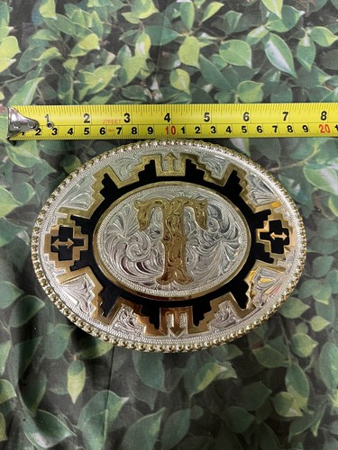 Custom Initial monogram Letter T- stamped Justin Boot Silver Mexico belt buckle - Picture 3 of 4