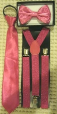 Teens Young Adults Pink Adjustable Bow Tie,Pink Neck Tie &Pink Y-Back Suspenders