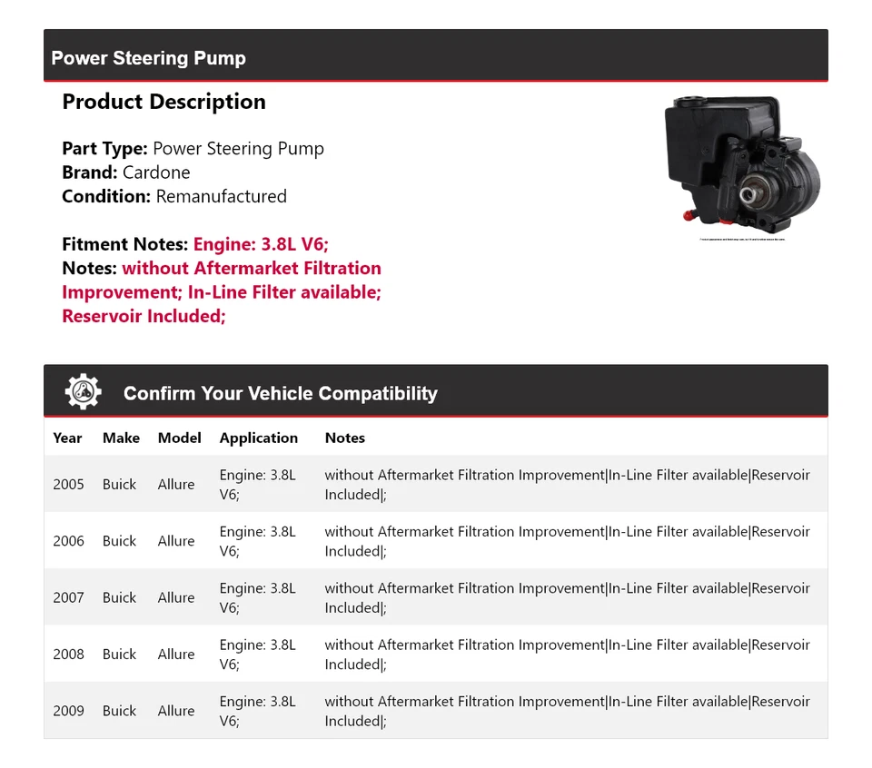 Bomba de dirección asistida Cardone para Buick Allure 2005-2009 3,8 L V6 2006 2007 2008 Foto 2 de 4