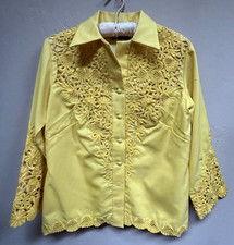 Vintage Magnin's Julia Ahorro Womens Top Grandmacore Floral Yellow Blouse Shirt