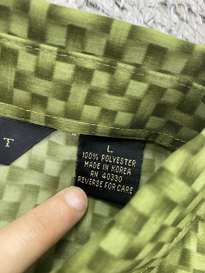 Vtg ME Sport Shirt Men Large Olive Green Geometric Bicycle Stripe Hawaiian Camp - Image 4 of 4