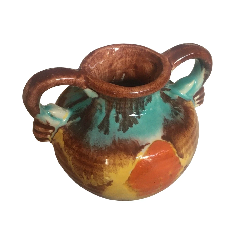 Vase Henkel Griffe Braun Orange Türkis Krug Emailliert Grün Unikat Blumentopf - Bild 2 von 2