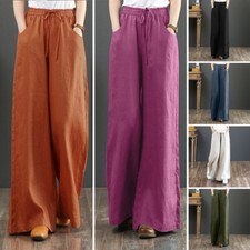Women Culottes Wide Legs Palazzo Long Pants Solid Elastic Waist Trousers Holiday