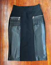 SHEIN Black Knee Length Pencil Skirt S Knit Faux Leather Zip Zipper Slit