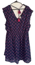J.Crew Beach Dress Women's Large Antique Navy Soft Fuchs Tie-Back Flutter Sleeve