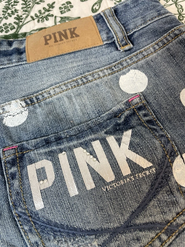 Pantalones Cortos Y2K Victoria's Secret ROSA Envejecidos Azul Rasgado Denim Lunares Talla 4 Foto 2 de 4