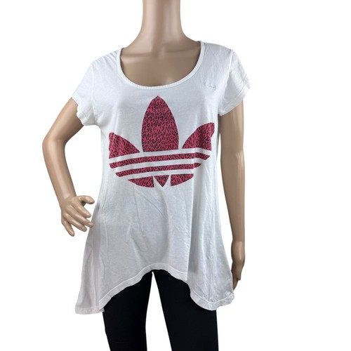 Adidas Damen weiß rot Leopard Trefoil asymmetrischer Saum U-Ausschnitt Oberteil - Bild 2 von 7