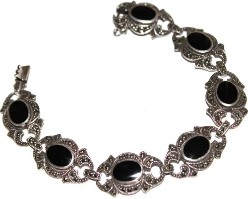 Beautiful sterling silver .925 mark marcasite onyx gemstones bracelet Lot#140